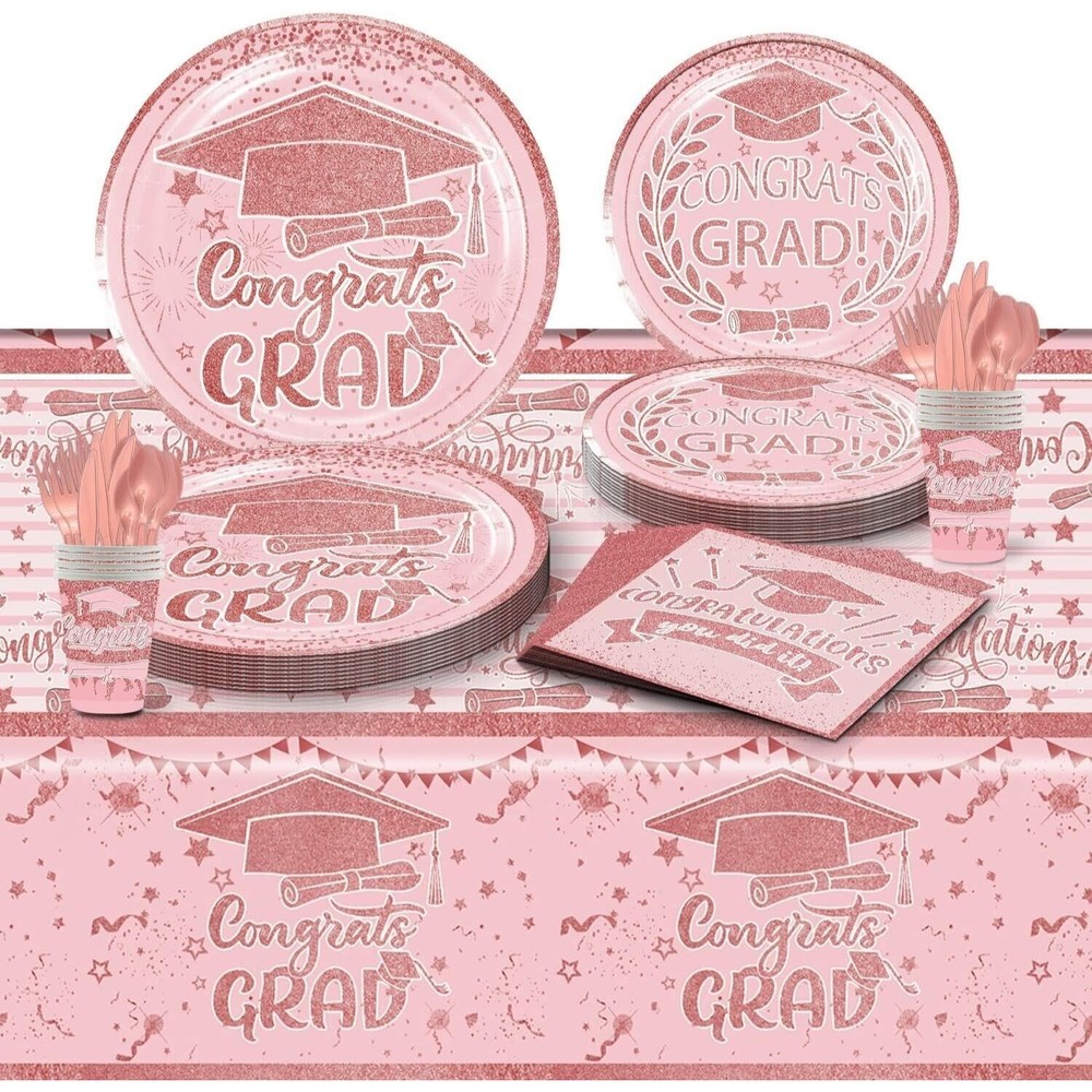 169 PC Pink Graduation Party Supplies Serves 24 Tablecloth/Cups/Napkins/Plates